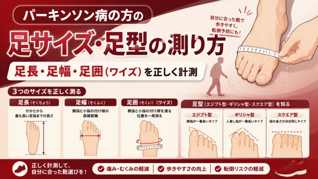 パーキンソン病の方の足サイズ・足型の測り方を解説したイラスト。足長・足幅・足囲（ワイズ）の計測方法を紹介。