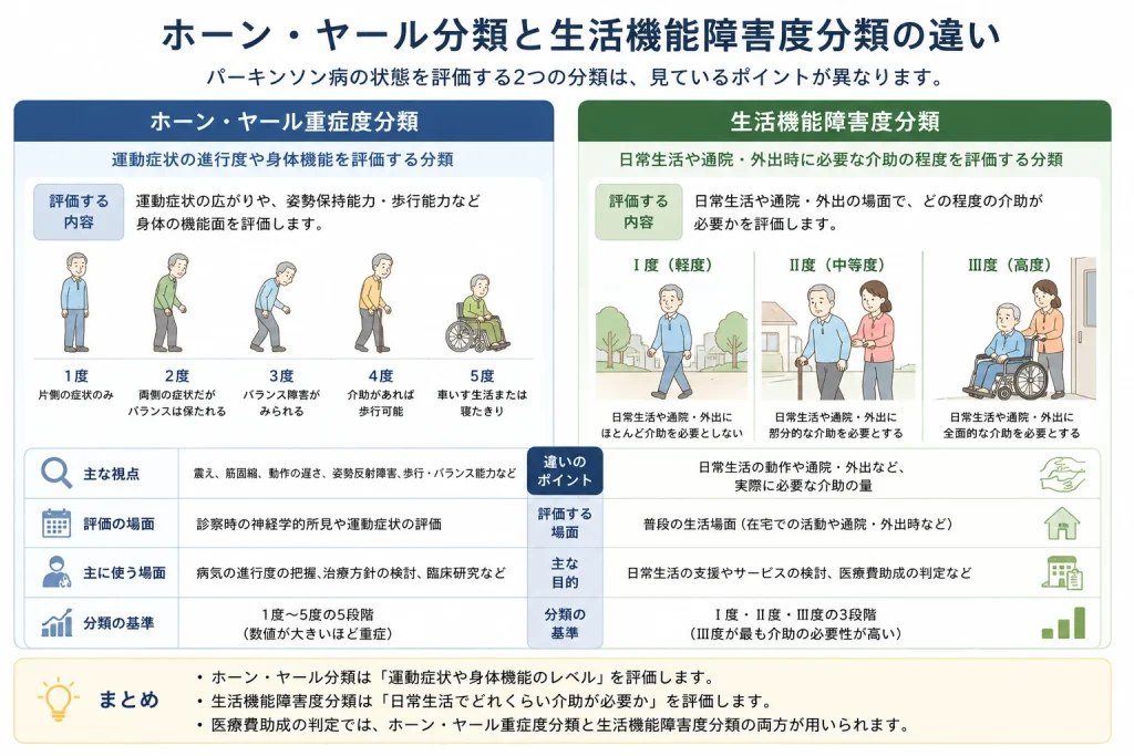 パーキンソン病のホーン・ヤール重症度分類と生活機能障害度分類の違いを比較したインフォグラフィック。評価内容や分類基準、活用場面をわかりやすく解説。