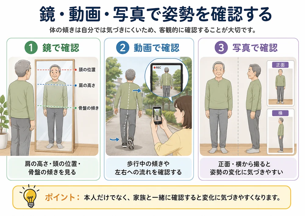 鏡・動画・写真を使ってパーキンソン病による体の傾きや姿勢の変化を確認する方法を説明したイラスト