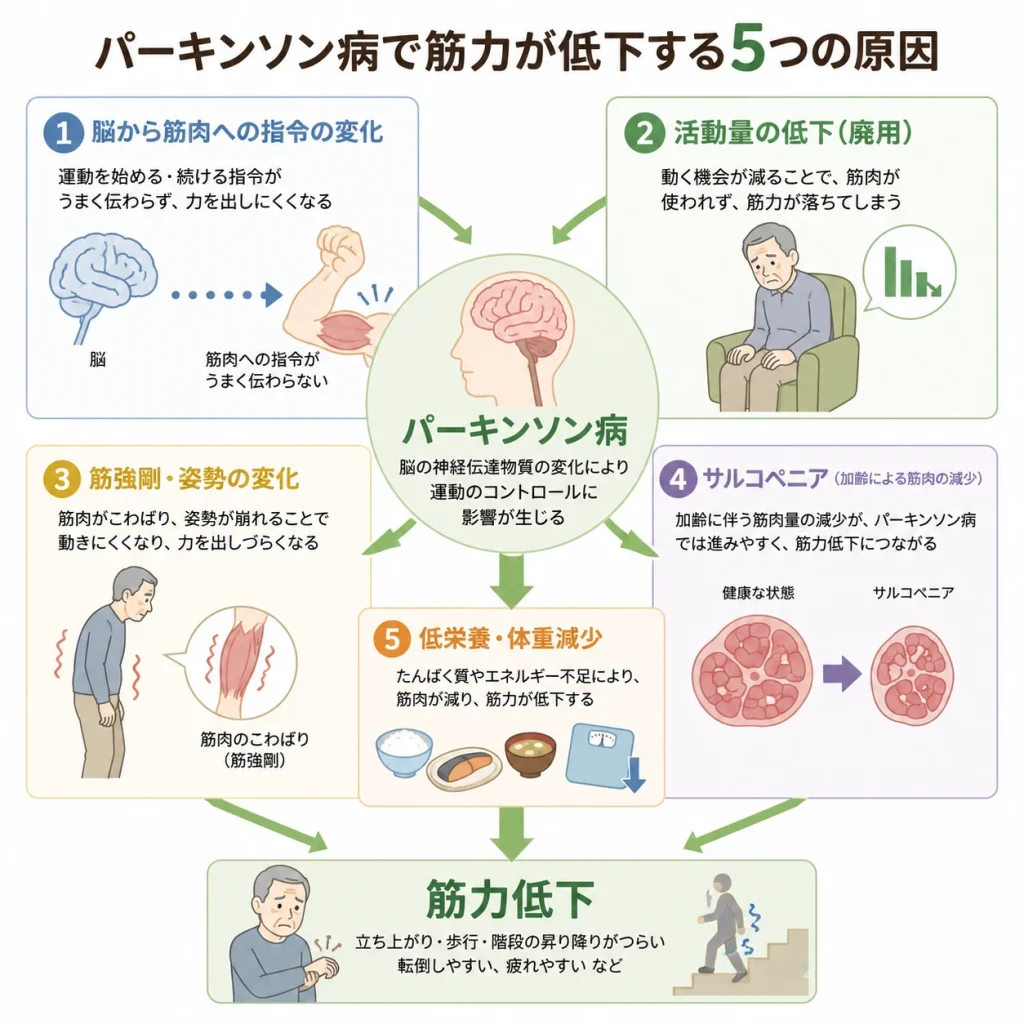 パーキンソン病で筋力が低下する5つの原因