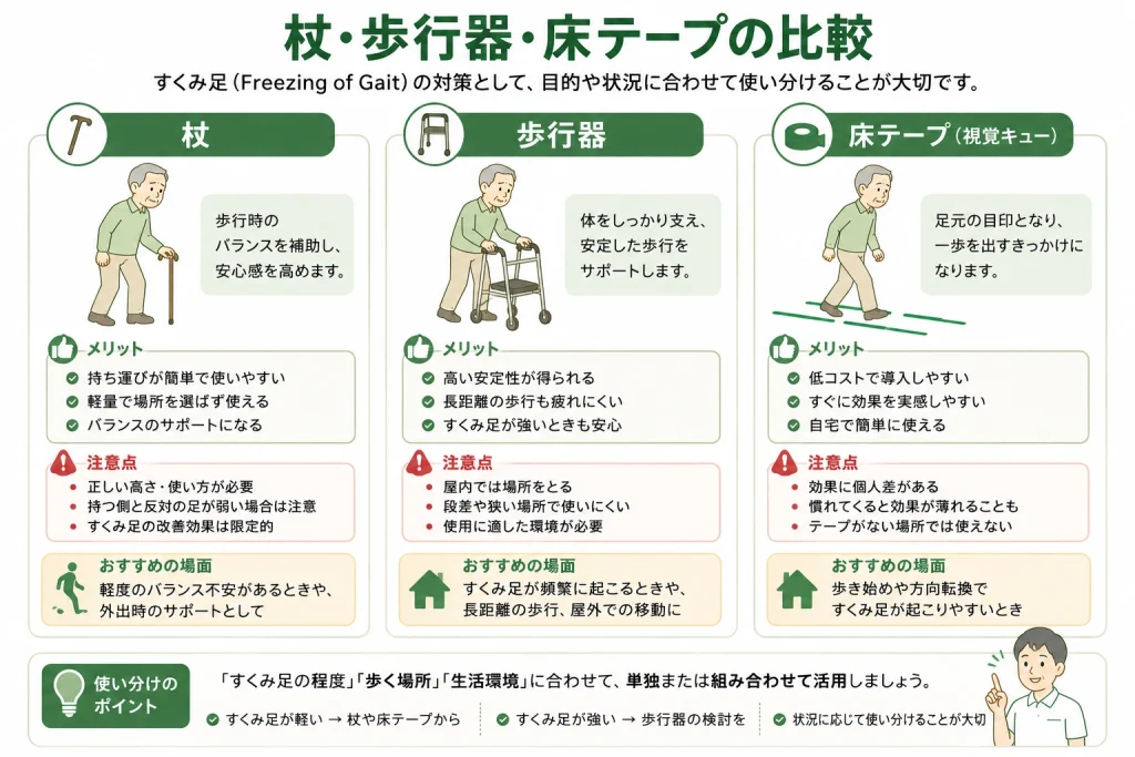 すくみ足に対する杖・歩行器・床テープの比較