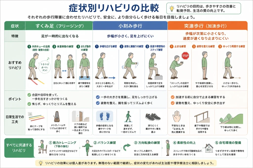 すくみ足・小刻み歩行・突進歩行のリハビリ比較