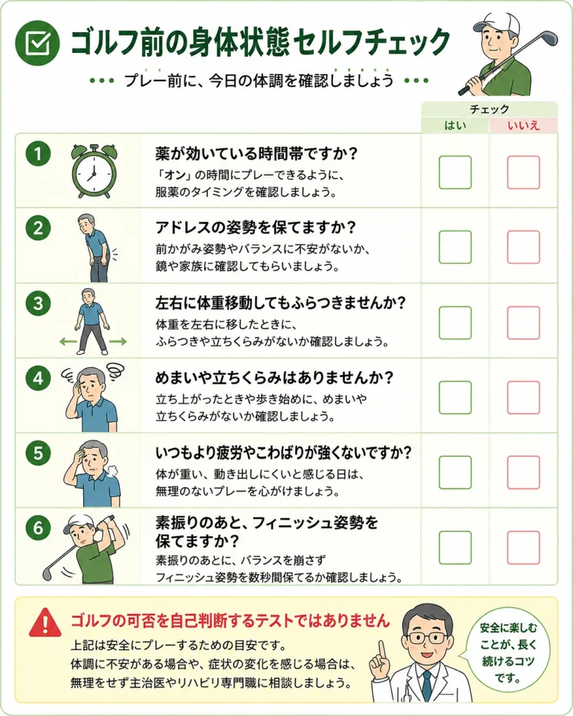 パーキンソン病　ゴルフ前の身体状態セルフチェック