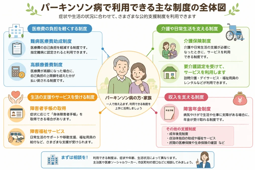 パーキンソン病で利用できる主な制度の全体図