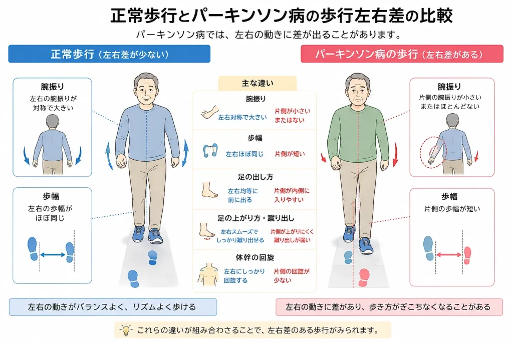 正常歩行とパーキンソン病歩行の左右差