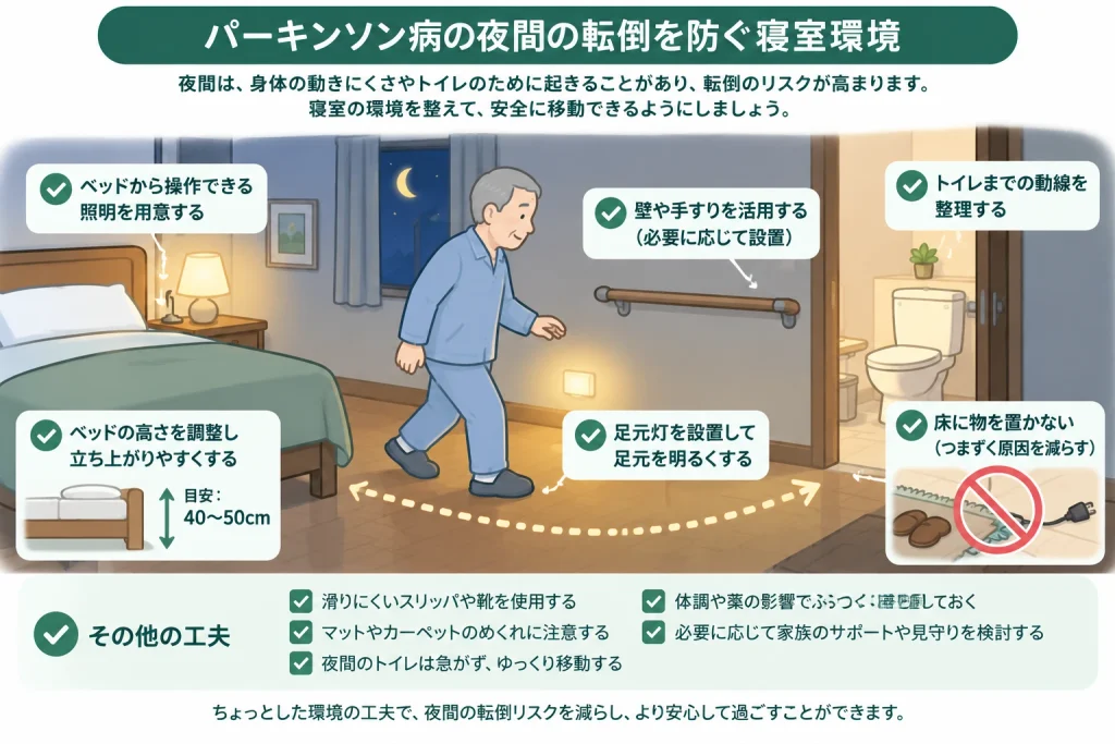 パーキンソン病の睡夜間転倒を防ぐ寝室環境