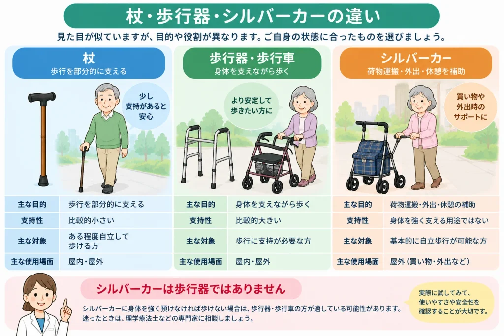 杖・歩行器・シルバーカーの違い
