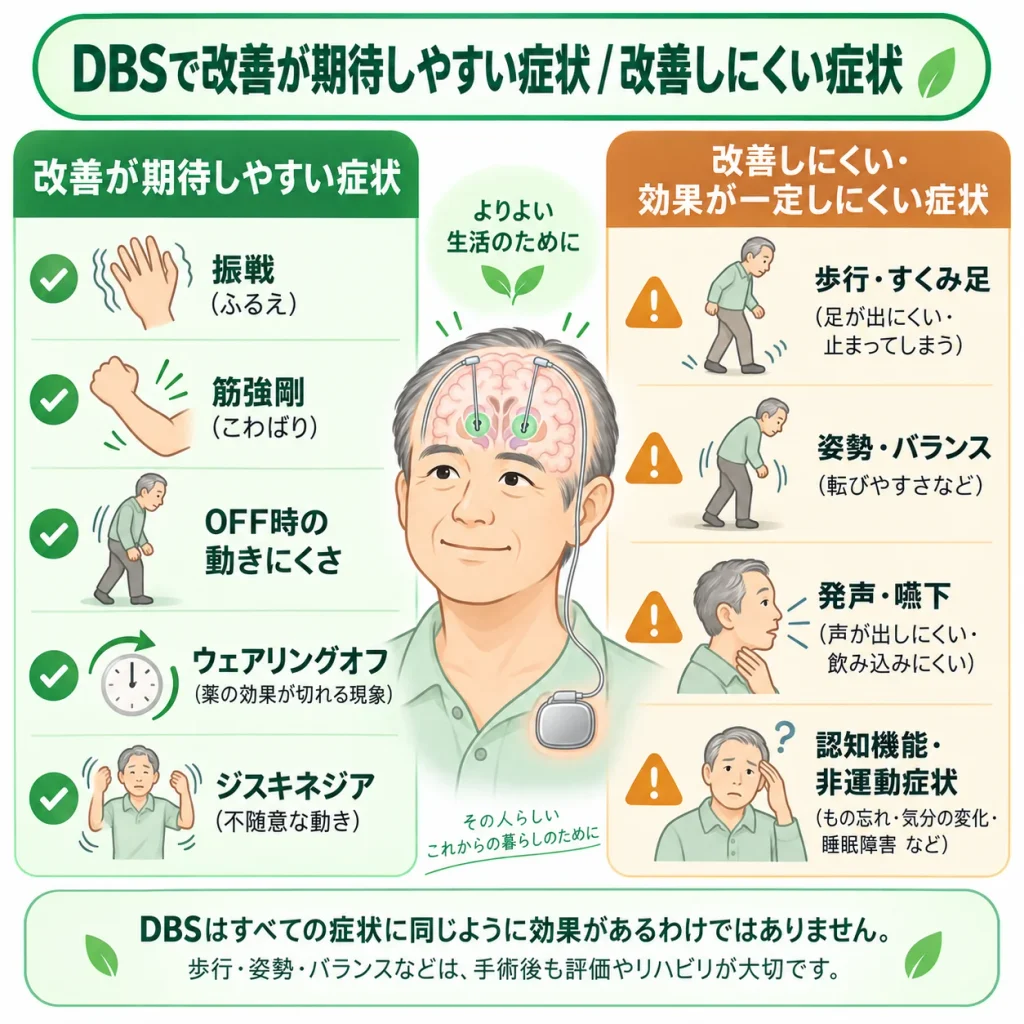 脳深部刺激療法（DBS)で改善が期待されている症状